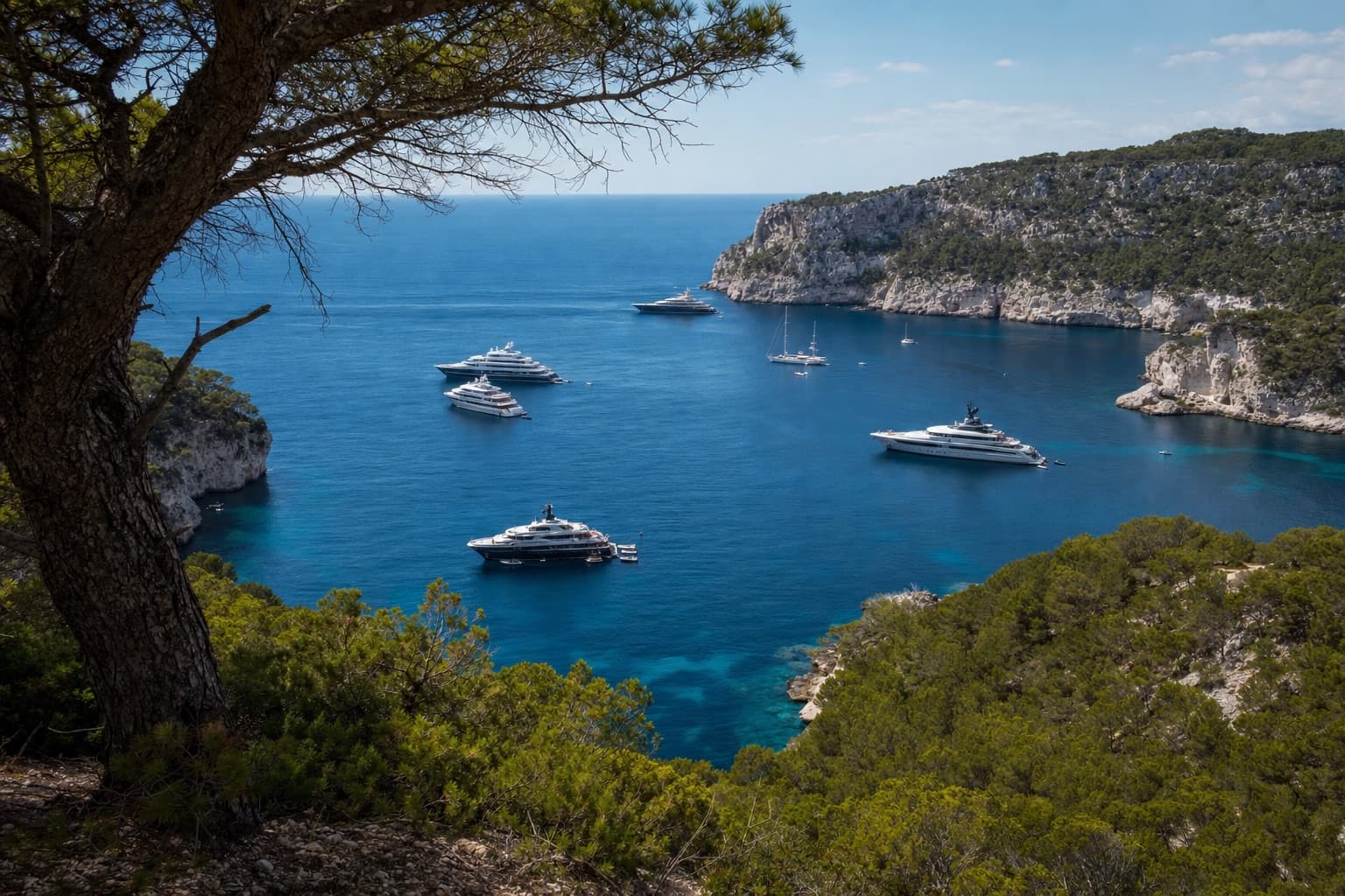 Superyachts anchored in a Mediterranean bay